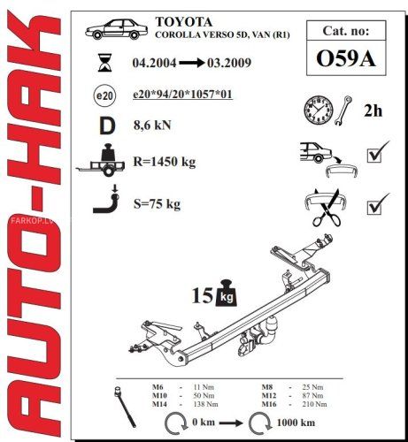 Auto sakabes āķis  TOYOTA COROLLA VERSO